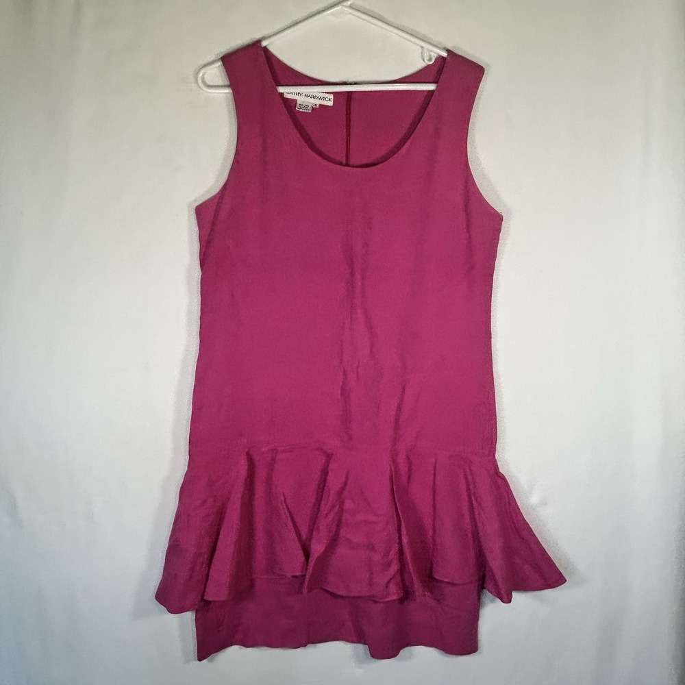 Vintage Cathy Hardwick Pink Linen Dress Drop Waist Ruffle Hem Sleeveless Sz 10